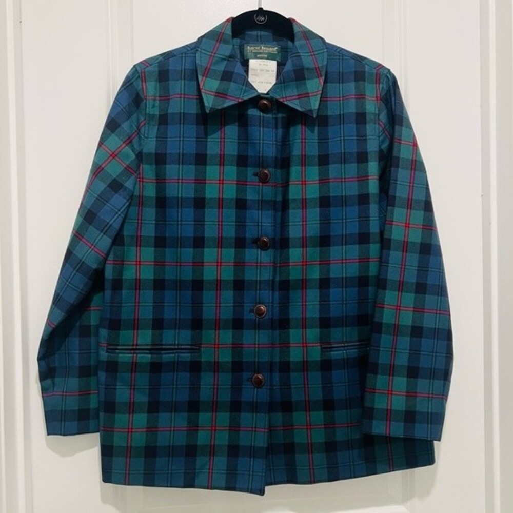 Harve Benard Vintage Women’s Plaid Blazer 100% Wool Sz 8P Lined Leather Buttons